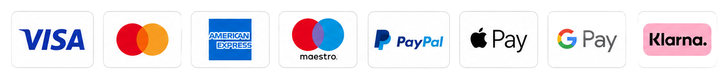 Akzeptierte Zahlungsmethoden: Apple Pay, Google Pay, Visa, Mastercard, Maestro, PayPal, Shop Pay, UnionPay
